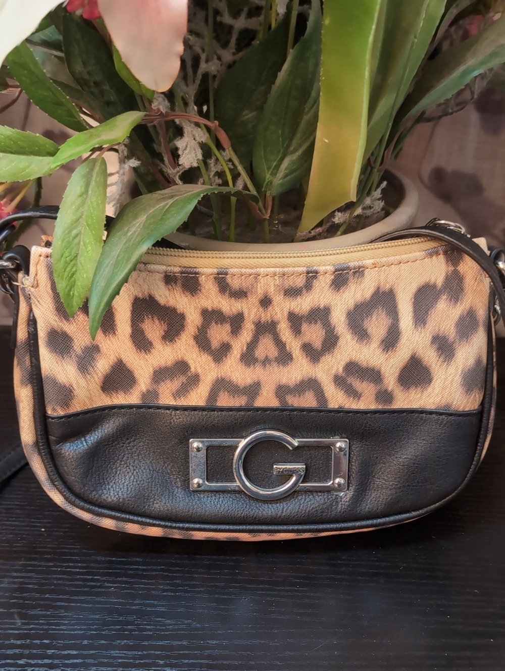 Guess Leopard Print Crossbody with Black Trim and Silver G Hardware
